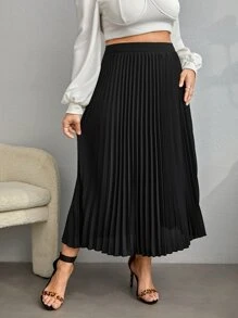 SHEIN Privé Váy Plus Size Xếp li Dây kéo màu trơn Thanh lịch - màu đen - Xem 5