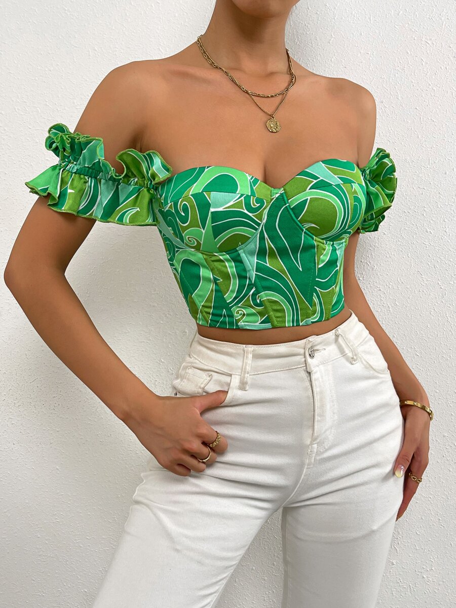 SHEIN Privé Áo crop top hở lưng in họa tiết ren gợi cảm cho nữ - màu xanh lá - Xem 1