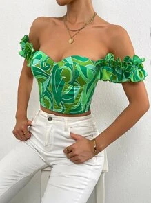 SHEIN Privé Áo crop top hở lưng in họa tiết ren gợi cảm cho nữ - màu xanh lá - Xem 6