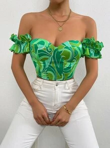 SHEIN Privé Áo crop top hở lưng in họa tiết ren gợi cảm cho nữ - màu xanh lá - Xem 2