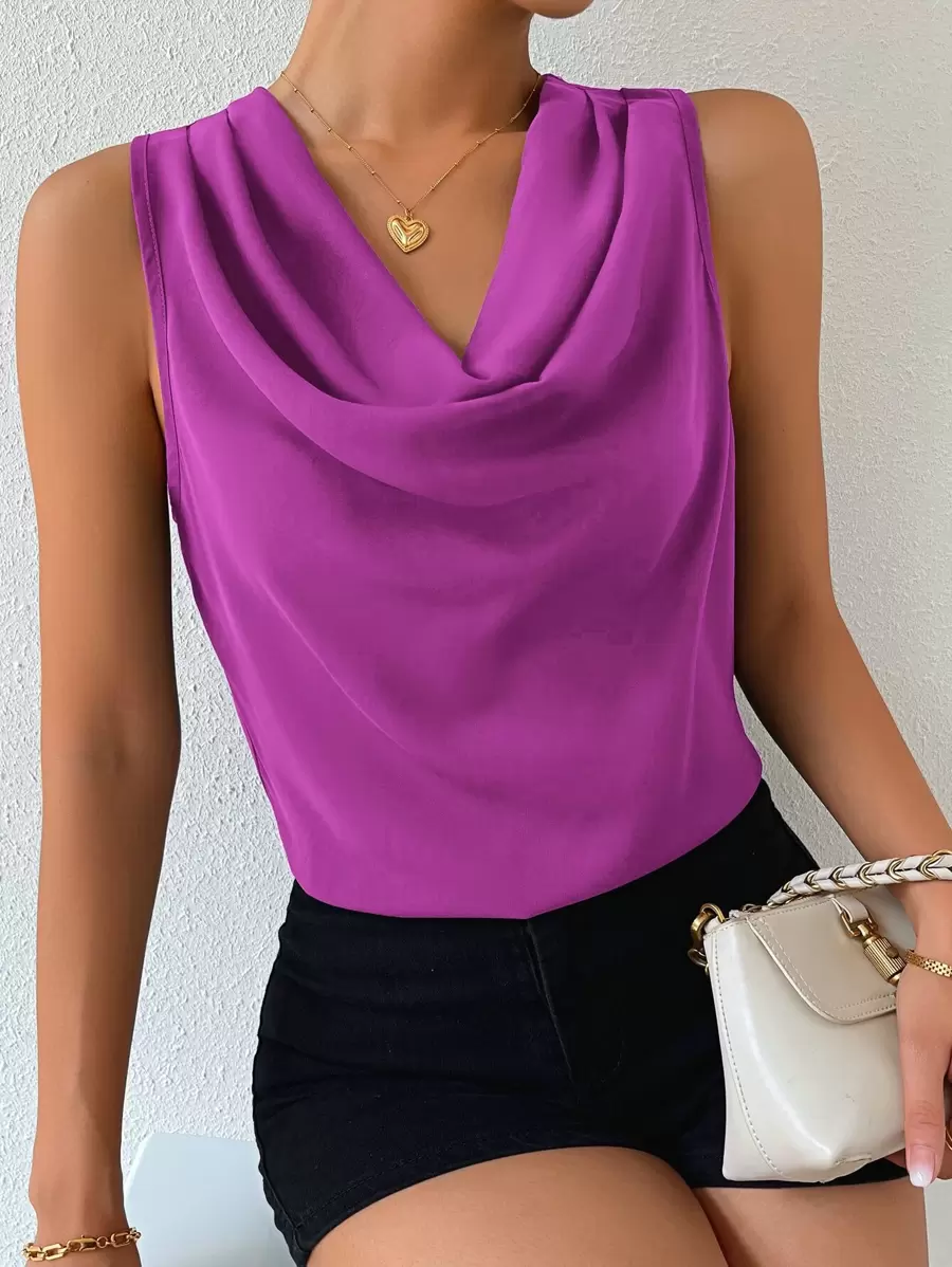 SHEIN Privé Solid Draped Collar Sleeveless Blouse - Purple - View 1