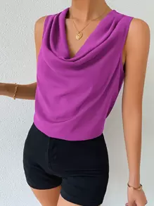 SHEIN Privé Solid Draped Collar Sleeveless Blouse - Purple - View 4