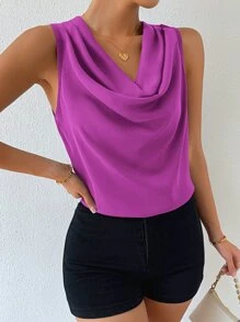 SHEIN Privé Solid Draped Collar Sleeveless Blouse - Purple - View 5