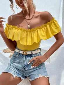 Off Shoulder Ruffle Trim Bodysuit - Yellow - View 1