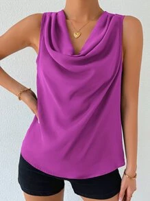 SHEIN Privé Solid Draped Collar Sleeveless Blouse - Purple - View 6