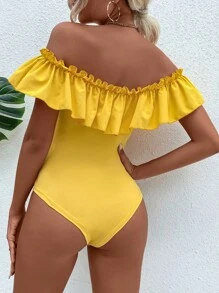 Off Shoulder Ruffle Trim Bodysuit - Yellow - View 2