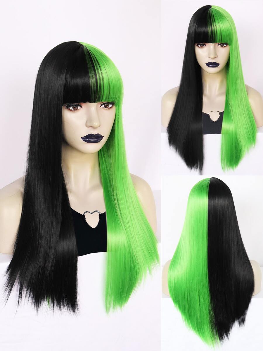 1入組雙色長款直筒人造假髮帶劉海和1入組假髮帽 - 拼色 - 查看 1