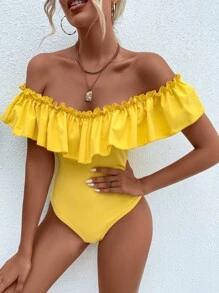 Off Shoulder Ruffle Trim Bodysuit - Yellow - View 3