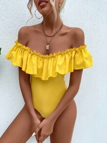 Off Shoulder Ruffle Trim Bodysuit - Yellow - View 4