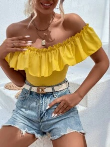Off Shoulder Ruffle Trim Bodysuit - Yellow - View 5