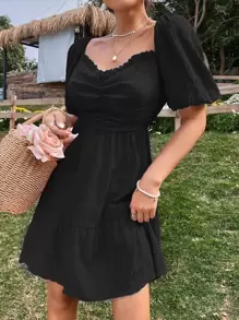 SHEIN SunnyBelle Đầm viền lá sen Xù Viên lá sen màu trơn Giải trí - màu đen - Xem 4