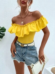 Off Shoulder Ruffle Trim Bodysuit - Yellow - View 6