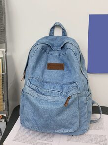 Hombres Mochila con parche de letra mezclilla casual - Celeste - Ver 2