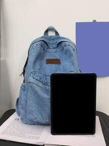 Hombres Mochila con parche de letra mezclilla casual - Celeste - Ver 3