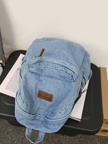 Hombres Mochila con parche de letra mezclilla casual - Celeste - Ver 5