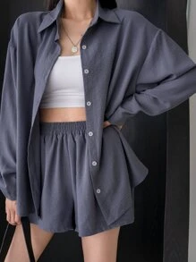 DAZY Áo trễ vai phối quần ống rộng - Màu xanh bụi bặm - Xem 1