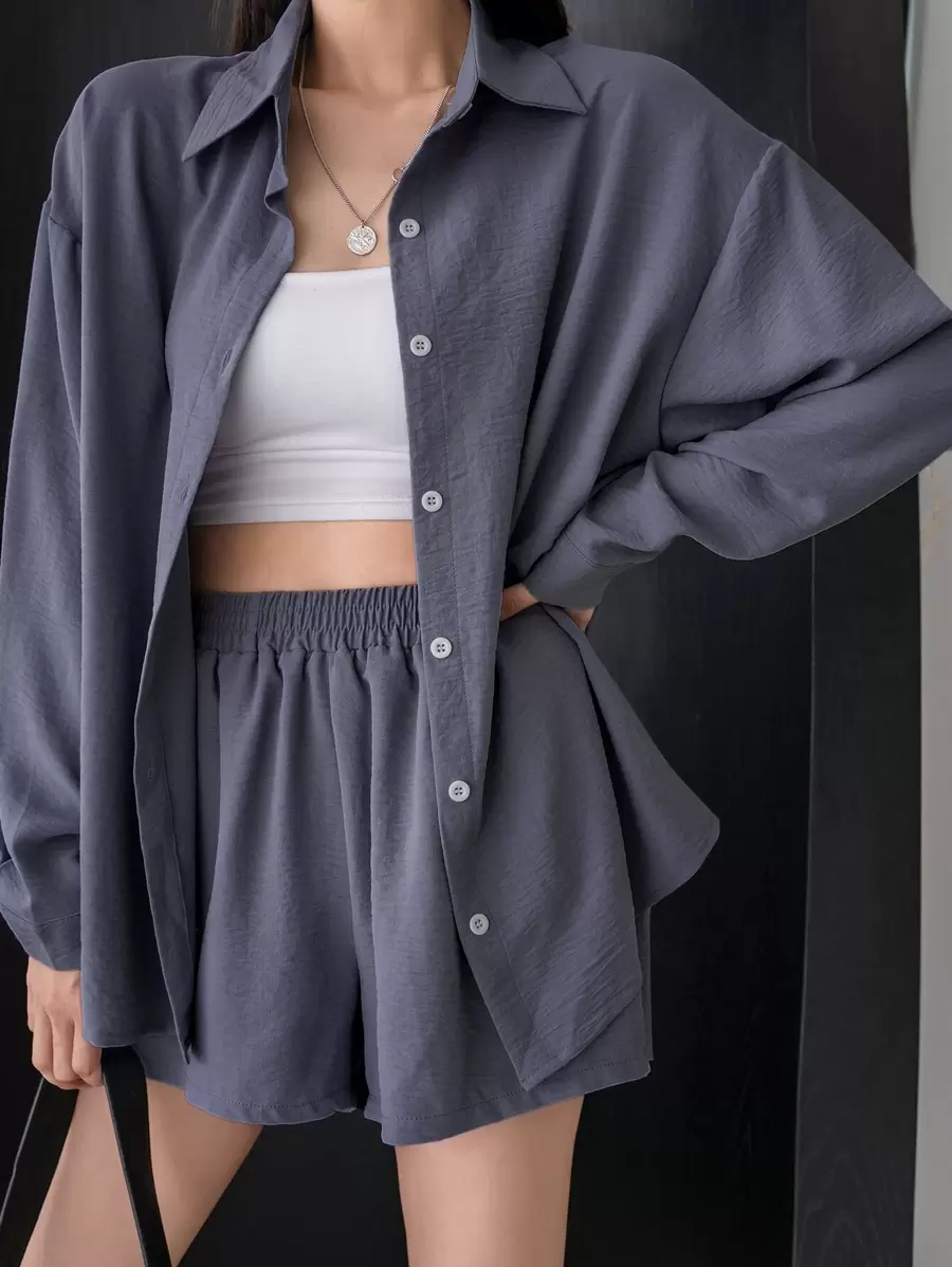 DAZY Áo trễ vai phối quần ống rộng - Màu xanh bụi bặm - Xem 1