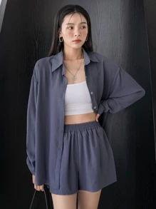 DAZY Áo trễ vai phối quần ống rộng - Màu xanh bụi bặm - Xem 3