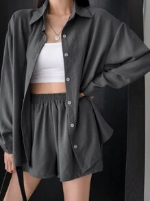 DAZY Button Front Drop Shoulder Shirt With Wide Leg Shorts - Dark Grey - View 1