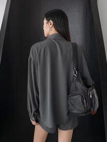 DAZY Button Front Drop Shoulder Shirt With Wide Leg Shorts - Dark Grey - View 2