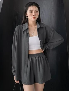 DAZY Button Front Drop Shoulder Shirt With Wide Leg Shorts - Dark Grey - View 3