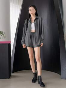 DAZY Button Front Drop Shoulder Shirt With Wide Leg Shorts - Dark Grey - View 4