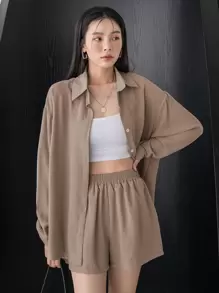 DAZY 落肩衬衫搭配阔腿短裤，女士两件套，秋季女装家居服套装，女士短款套装 - 杏色 - 查看 3