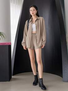 DAZY 落肩衬衫搭配阔腿短裤，女士两件套，秋季女装家居服套装，女士短款套装 - 杏色 - 查看 4