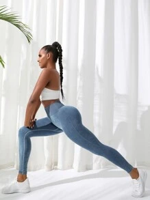Easithlete 瑜伽打底褲羅紋拼塊收復競技褲襪 - 霧霾藍 - 查看 2