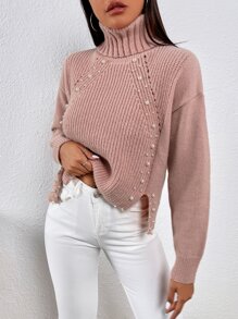 Turtle Neck Pearl Beaded Slit Hem Drop Shoulder Jumper - Baby Pink - View 1