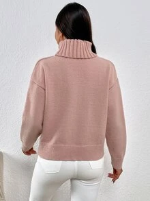Turtle Neck Pearl Beaded Slit Hem Drop Shoulder Jumper - Baby Pink - View 2