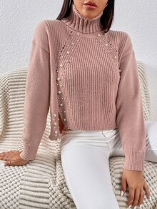 Turtle Neck Pearl Beaded Slit Hem Drop Shoulder Jumper - Baby Pink - View 3