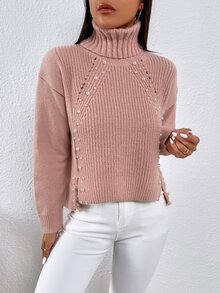 Turtle Neck Pearl Beaded Slit Hem Drop Shoulder Jumper - Baby Pink - View 6