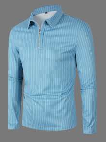 Manfinity Men Striped Quarter Zipper Polo Shirt - Baby Blue - View 6