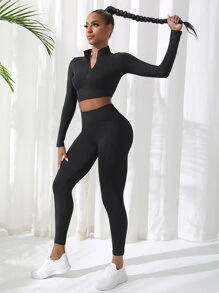 SHEIN Sport Studio 2pcs Fitness Yoga Set Sports Suit Half Zip Top Tummy Control Leggings
