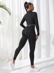SHEIN Sport Studio 2pcs Fitness Yoga Set Sports Suit Half Zip Top Tummy Control Leggings