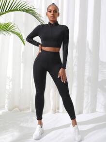 SHEIN Sport Studio 2pcs Fitness Yoga Set Sports Suit Half Zip Top Tummy Control Leggings