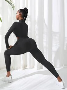 Easithlete 2pcs Fitness Yoga Set Sports Suit Half Zip Top Tummy Control Leggings - Black - View 5