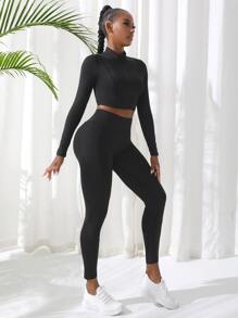 SHEIN Sport Studio 2pcs Fitness Yoga Set Sports Suit Half Zip Top Tummy Control Leggings