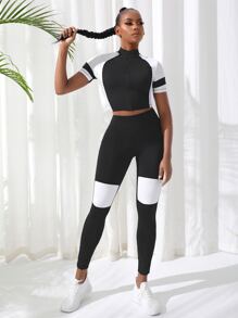 Two Tone Wide Waistband Sports Set - Black - View 4