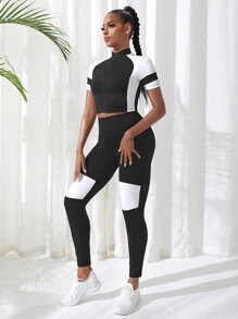 Two Tone Wide Waistband Sports Set - Black - View 6