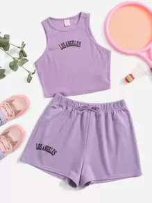 SHEIN 青少年女孩字母圖案背心上衣和短褲套裝 - 紫丁香色 - 查看 1