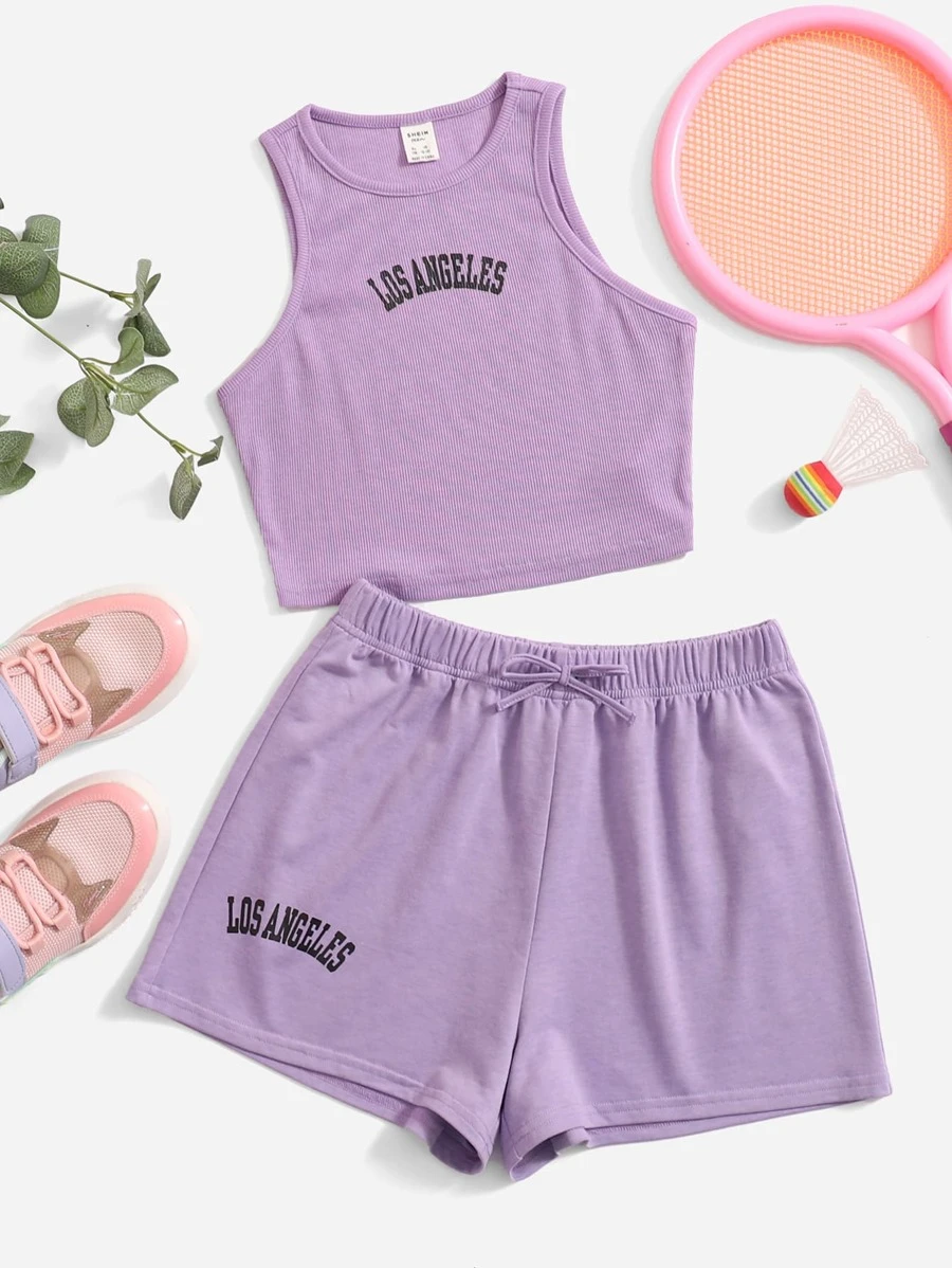 SHEIN 青少年女孩字母圖案背心上衣和短褲套裝 - 紫丁香色 - 查看 1