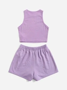 SHEIN 青少年女孩字母圖案背心上衣和短褲套裝 - 紫丁香色 - 查看 2