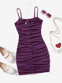 SHEIN Chicas adolescentes Vestido de tirantes fruncido - Morado - Ver 1