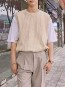 DAZY Men Round Neck Sweater Vest Without Tee Fall,Winter - Beige - View 7