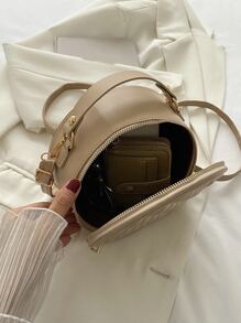 迷你幾何格紋衍縫頂部單條提帶圓形包