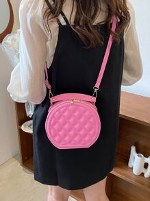迷你螢光紅幾何格紋衍縫頂部單條提帶圓形包粉色 - 粉色 - 查看 2