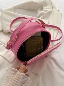 迷你螢光紅幾何格紋衍縫頂部單條提帶圓形包粉色 - 粉色 - 查看 4