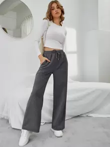 INAWLY 时尚纯色抽绳腰直筒运动裤 - 深灰色 - 查看 7